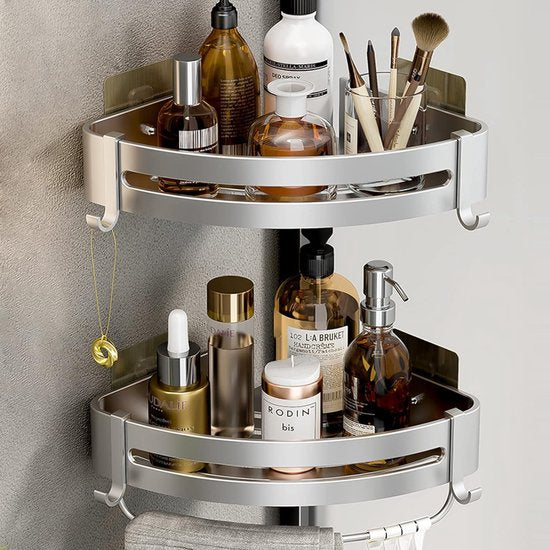 Shower Shelf without Drilling, Pack of 2 Shower Shelves with 2 Hooks for Bathroom, Kitchen, Toilet, Aluminium, Matt Black (2 Silver Corners)