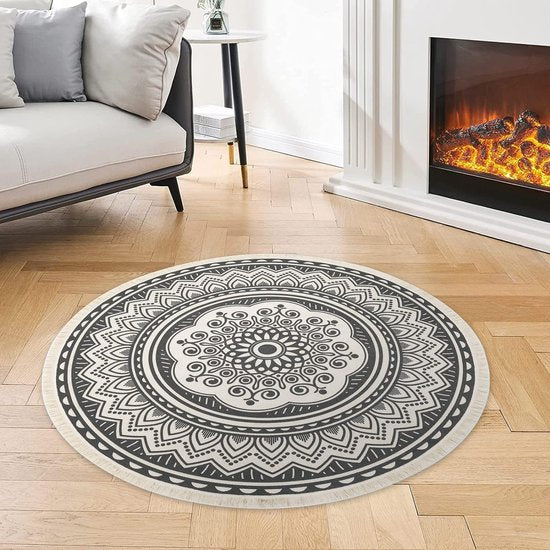 120 cm rond tapijt, katoenen tapijt met kwastjes, wasbaar mandala-bedrukt tapijt, Boheems Marokko, modern tapijt voor slaapkamer, woonkamer, keuken