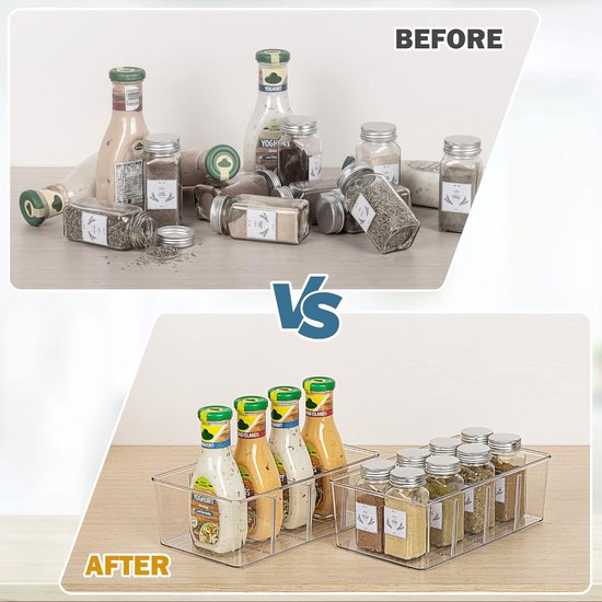 Set van 2 koelkastorganizers met 4 vakken, BPA-vrije keuken, stapelbare voedselopbergdoos voor theezakjes, snacks, specerijen, doorzichtig