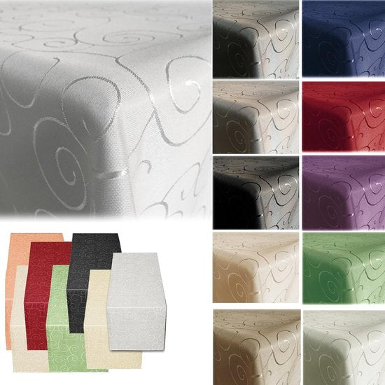 Tafelkleed, zijdeglans versieringen, 31 maten en 7 kleuren. Tafelkleed, versierd met zijdeglans, verkrijgbaar in 31 maten en 7 kleuren.