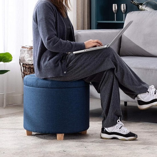 Opbergkruk, ronde zitting met deksel, zitkist, voetenbank opbergkist, linnen, 44 l, 45 x 45 x 41 cm, marineblauw