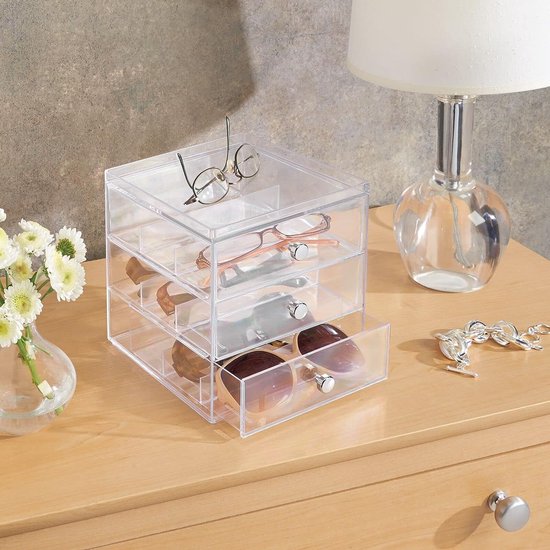 Set van 2 brillensets voor brillendoos voor brillenopslag in 3 lades voor brillen, zonnebrillen en leesbrillen-doorzichtig