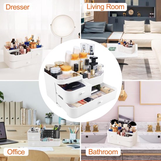 Make-up organizer, cosmetica-organizer, make-up, cosmetica opslag, make-up-opbergsysteem, make-up-opbergbox voor commode, slaapkamer, badkamer (2 laden, wit)