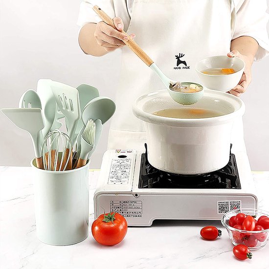 Siliconen kookgerei 33 stuks, hittebestendige keukenset met houten handvatten, spatel, eenvoudig te reinigen kookgerei met antiaanbaklaag. Geschikt voor keuken beginners en professionals (groot)