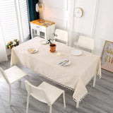 Beige tafelkleed, linnen, rechthoekig, afwasbaar, keukentafelkleed voor verjaardag, feest, bruiloft, met kwastjes, tafellinnen, voor salontafel, tuintafel, 100 x 140 cm