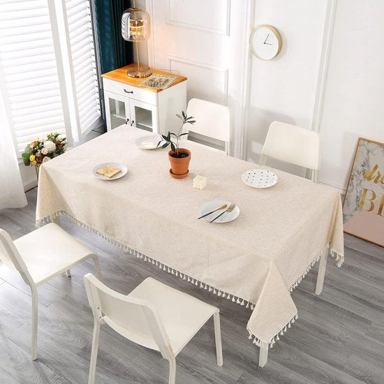 Beige tafelkleed, linnen, rechthoekig, afwasbaar, keukentafelkleed voor verjaardag, feest, bruiloft, met kwastjes, tafellinnen, voor salontafel, tuintafel, 100 x 140 cm
