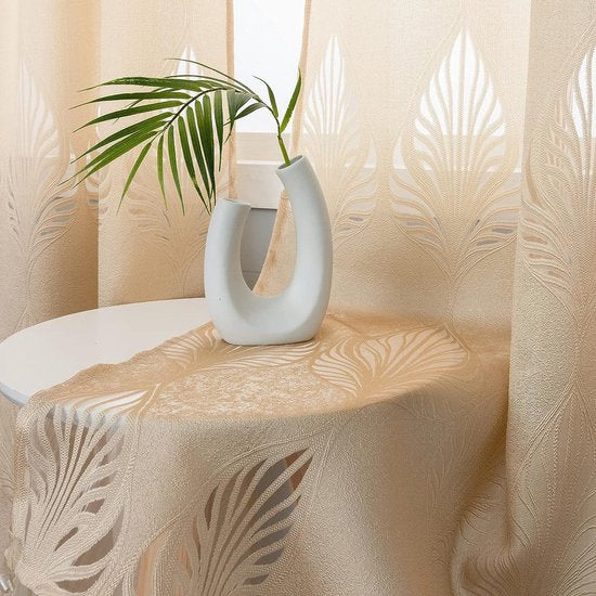 Gordijngordijn, bladeren, jacquard winkel, gordijnen, semi-transparant, stof, voile, decogordijn, lichtdoorlatend, raamgordijn, gordijn met ogen, zacht, 140 x 245 (b x h) cm, beige (1 stuk)