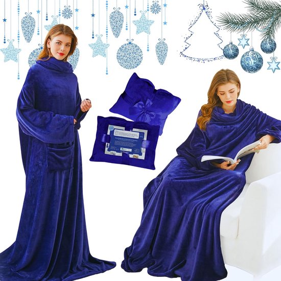 Cuddly Blanket with Sleeves and Pockets, Gifts for Boyfriend, Birthday Gifts for Men, TV Blanket, 150 x 200 cm (Blue)