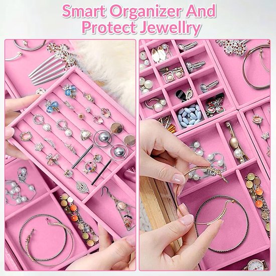 Set van 5 stapelbare, veelzijdige roze fluwelen sieradenorganizers, 21 x 12 x 2,4 cm, perfect voor oorbellen, halskettingen, armbanden en ringen, sieradenkistjes