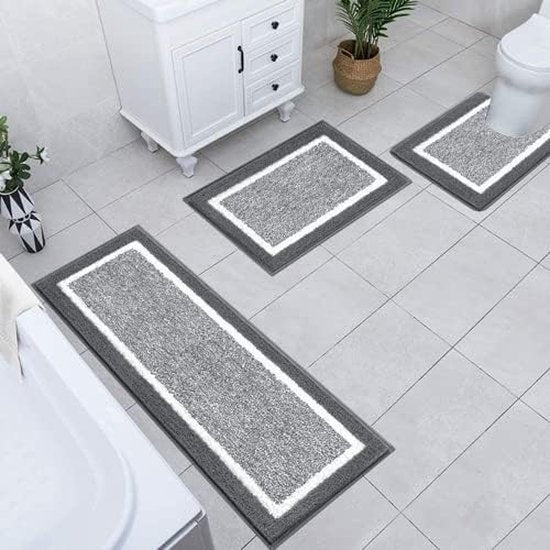 badkamertapijten, 3-delig, microvezel, absorberende badmatten en toiletmat, wollige badmat, antislip, wasbaar, wc-mat met uitsparing, donkergrijs