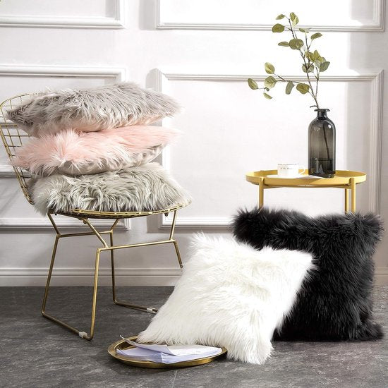 Schapenvacht Kussen - Imitatiebont Lamsvacht, Schapenvel Imitatievacht - Kunstbont Slaapkamer Woonkamer - Wasbaar Bont, Decoratiebont - Zwart - 43 x 43 cm Kussen