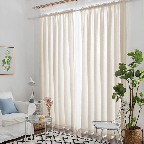 Gordijnen beige transparant linnenlook voile gordijnen voor woonkamer slaapkamer set van 2 225x140cm