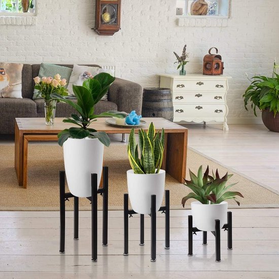 Plantenstandaard, bloemenstandaard van zwart metaal, verstelbaar, multifunctionele kunst van ijzer, plantenrek voor woonkamer, balkon, instelbare breedte 21 cm tot 38 cm (set van 3 stuks) (zwart-1)