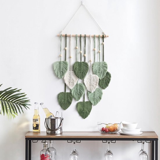 Macramé wandtapijt, handgemaakt wandtapijt, boho, woningdecoraties, chic, kunst, geweven veer, wanddecoratie, bladwandtapijt voor woonkamer, slaapkamer, bruiloft, decoratie, geschenken, groen