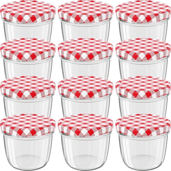 Weckpotten, met schroefdeksel, 230 ml, diameter: 8,5 cm, hoogte: 6,5 cm, glas/metaal, rood geruit schroefdeksel van 82 mm, glas, keuze uit verschillende aantallen, rood, 12 stuks