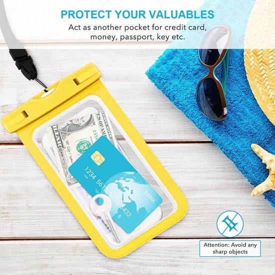 Waterdichte tas heuptas beschermhoes met waterdichte mobiele telefoonhoes, universele strandtas met mobiele telefoonzak, waterdicht voor watersport, strand, zwemmen, varen (geel)
