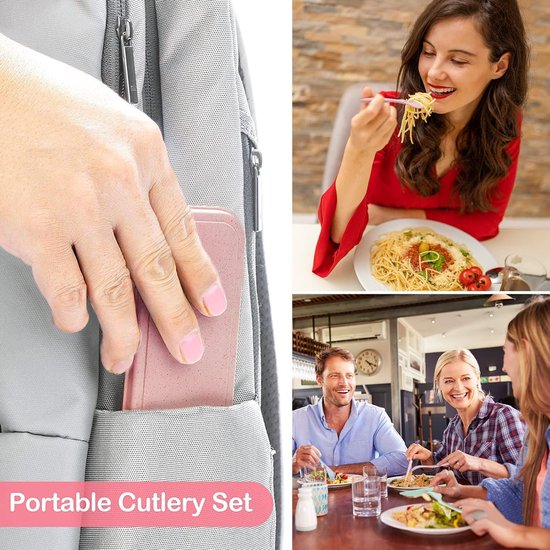 4-delige bestekset, plastic bestek herbruikbare set, campingbestek met koffer, reisbestek met koffer, reisbestek lepel mes vork eetstokjes koffer voor lunchbox, school, picknick, camping, reizen