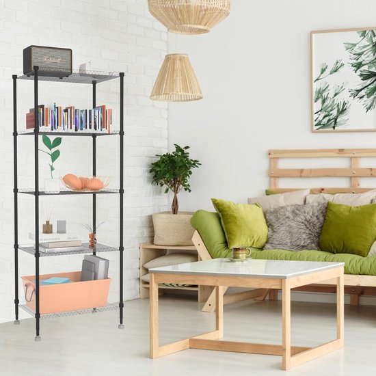 5-laags metalen plank vrijstaand klein opbergrek met 4 haken draadorganisatieplanken voor bijkeuken keuken badkamer kantoor 45x30x120cm (zwart, 5-laags)