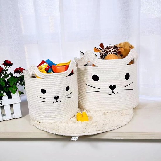 Children's Storage Basket, Baby Toy, Cotton Rope Storage Basket, Braided Laundry Basket, Foldable Nursery Decoration, Cat (40 x 28 x 28 cm)