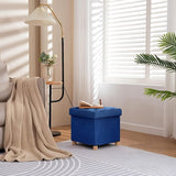 Opvouwbare kruk fluweel met opbergruimte en deksel met houten poten, 40 x 40 x 40 cm, blauw