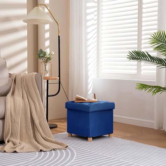 Opvouwbare kruk fluweel met opbergruimte en deksel met houten poten, 40 x 40 x 40 cm, blauw