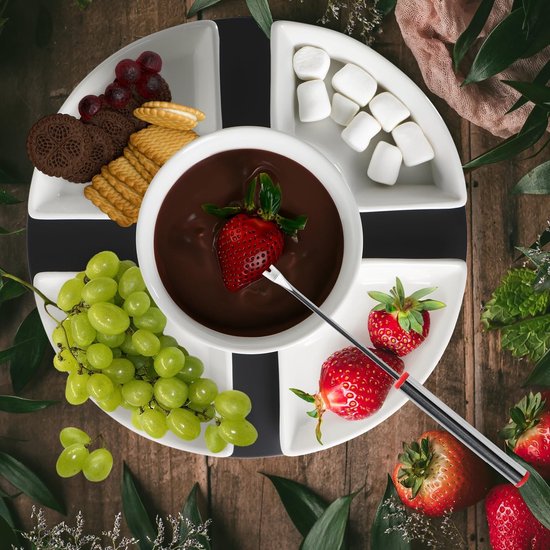 11-delige fondueset bestaande uit dienblad, 4 vorken, 4 schalen, theelichthouder en keramische kom - smeltpot optimaal voor choco-, kaas- en vleesfondue (set met dienblad)