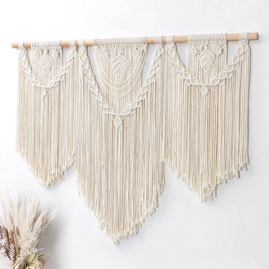 Macramé wandtapijt, groot boho-geweven wandtapijt, bladeren, kwastjes, Boheems tapijt, katoenen touw, macramé, wanddecoratie voor slaapkamer en woonkamer, achtergrond, 110 x 80 cm