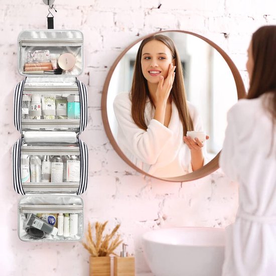 Toilettas om op te hangen, grote toilettas voor dames met 4 vakken en 1 hangende haak, wastas voor vrouwen, waszak, blauw, blauw