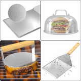 Roestvrijstalen grillbestek, 4-delige grillkoffer, set met ronde hamburgerpers, grillspatel, 2 hamburgerkoekjes, barbecue-accessoires voor heerlijke hamburgers, patties, spek, steak, voor buiten en binnen.