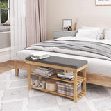 Schoenenbank, bamboe schoenenrek met kussen, schoenenkast met bank, schoenenrek met 3 vakken, stabiel staand rek, ideaal voor entree, badkamer, woonkamer, hal, natuurlijk