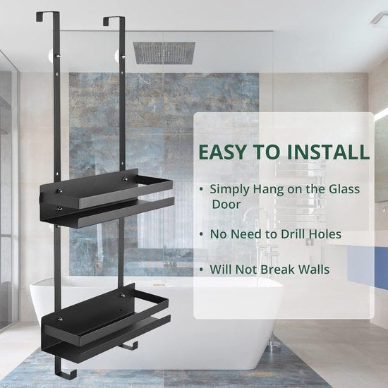 Doucheplank om op te hangen, dubbel doucherek van roestvrij staal, douchemand met eendelige haak en zuignap, badkamerrek om op te hangen boven de glazen douchewand (zwart)