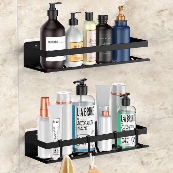 doucheplank zonder boren, 2 stuks roestvrijstalen douchemand met 4 haken, badkamerplank, roestvrije zwarte doucheplank voor badkamer en keuken. Laadvermogen ruim 15KG