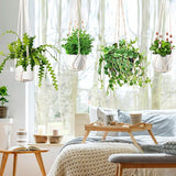 Macramé plantenhangers, set van 4 boho-decoratieve hanglampen voor bloempotten en planten, decoratie van binnen en buiten