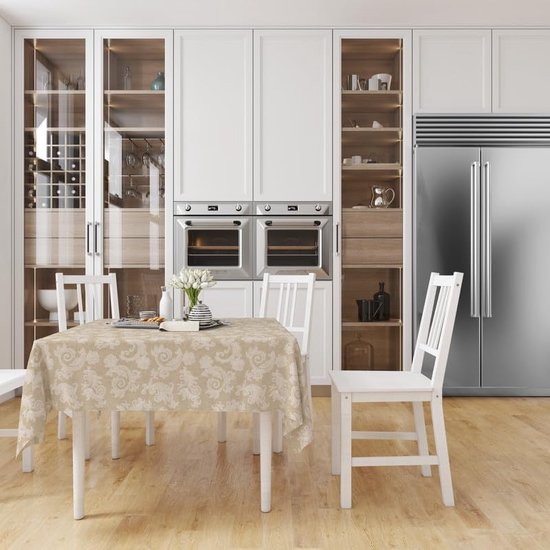 eettafelkleed, vierkant, afmetingen 145 x 145 cm, beige bloemenpatroon, chambray-katoen, voor middentafel, familiebijeenkomsten, feesten, feestdagen, wasbaar en herbruikbaar