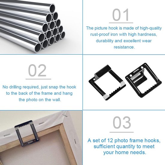 12 stuks spieramen ophangen, metalen fotohaken, onzichtbare fotolijst, wandfotohaken, ophangen, profieldiepte 15 mm, tandhangers, canvas ophanghaakjes, steekhangers voor foto's