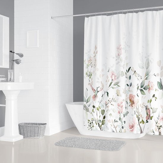 Douchegordijn licht groene plantenbladeren delicate roze bloemen en vogel libellen en vlinderpatroon Hoge kwaliteit douchegordijn gemaakt van 100% waterdicht polyester Afmetingen: 180x200cm