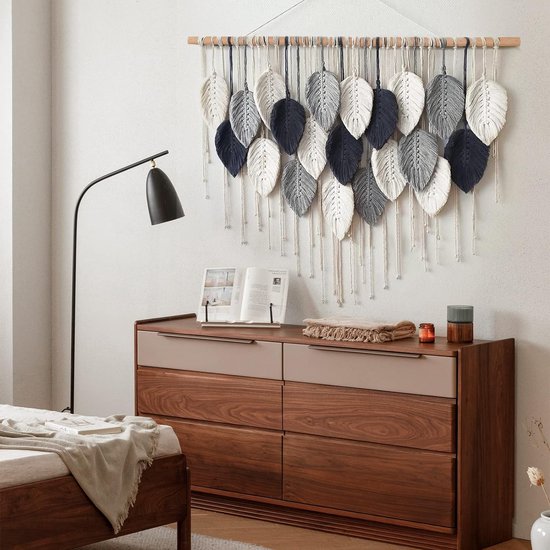 Groot wandtapijt, boho macramé, geweven, handgemaakte kwastjes, blad-wandtapijt, Boheemse
