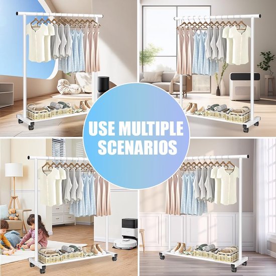 Kledingstang, kledingrek op wieltjes, stabiel kledingrek, de eenpolige 1,2 meter lange kleerhanger (wit)
