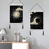 2 stuks maan en zon wandtapijt met kwastjes tarot zwarte banner wandbehang wandkleed bohemian psychedelisch muurkunst decor voor slaapkamer woonkamer