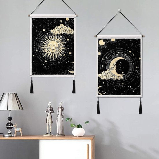 2 stuks maan en zon wandtapijt met kwastjes tarot zwarte banner wandbehang wandkleed bohemian psychedelisch muurkunst decor voor slaapkamer woonkamer