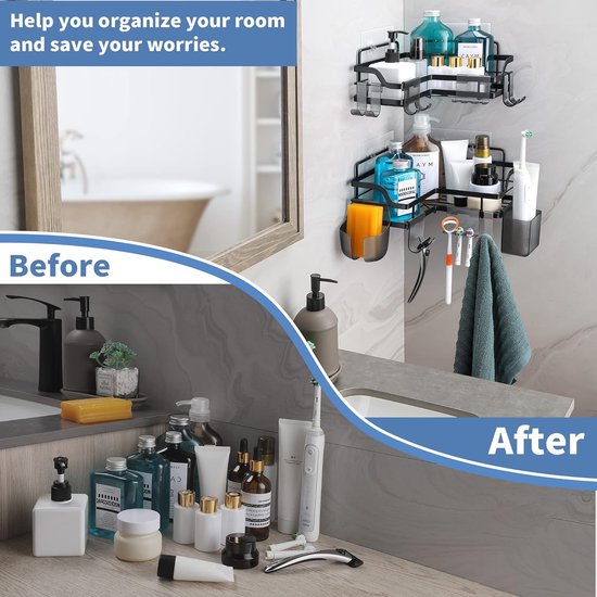 Shower Shelf No Drilling Black Shower Shelf Rustproof Stainless Steel Bathroom Shelf Wall Self-Adhesive Shower Basket with 10 Hooks Shampoo Holder for Shower Pack of 2 for Bathroom and Kitchen