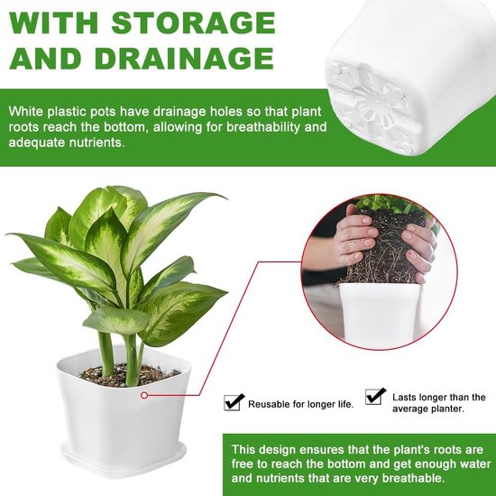 10 stuks witte bloempotten, kleine vierkante plantenpotten met schotels, kunststof bloempotten, moderne kweekpotten, vierkante pot, plantenpot, bloempot voor planten, balkon (9 x 9 x 8 cm)