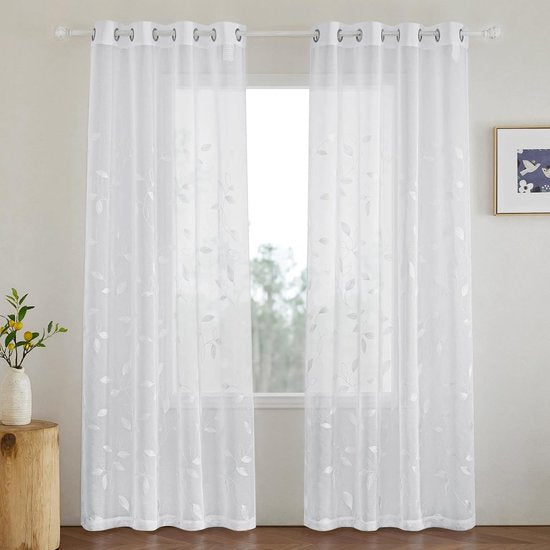 woonkamergordijnen, transparante voile gordijnen met oogjes, set van 2, H 245 x B 132 cm, linnenlook gordijnen met borduursel, wit transparant gordijn met bladmotief