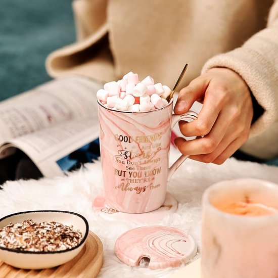 Verjaardagscadeaus voor beste vriend voor mannen, goede vrienden zijn als sterrenbekers, vriendschapscadeaus voor mannen, verjaardagscadeaus voor hem, keramische marmeren mok geschenkdoos, 420 ml, roze