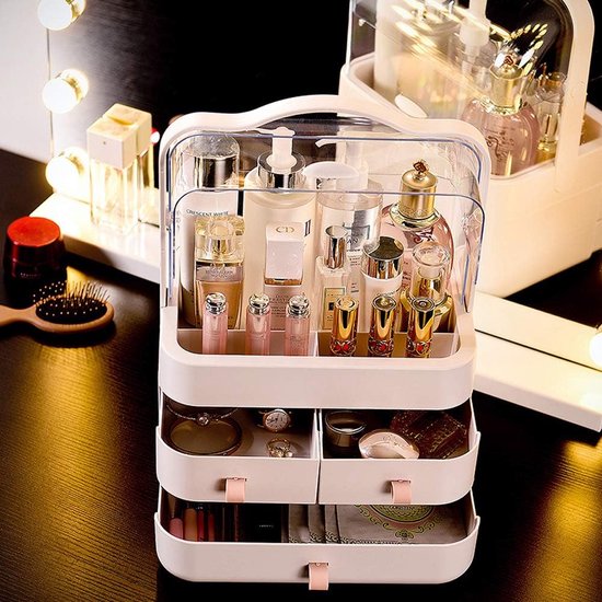 Make-up organizer, 180 graden draaibaar, met deksel, stofdicht, cosmetica-organizer, cosmetica-opbergdoos voor dressoir, badkamer, slaapkamer, cadeau