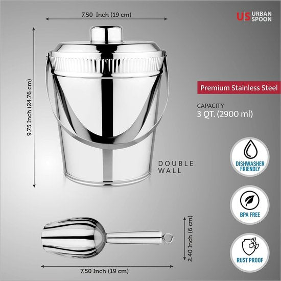 dubbelwandige ijsemmer met deksel, roestvrijstalen ijsschep houdt ijskoud en koud Droog, comfortabel handvat, thuisbarset, koel bier, champagne en wijn, 3 liter