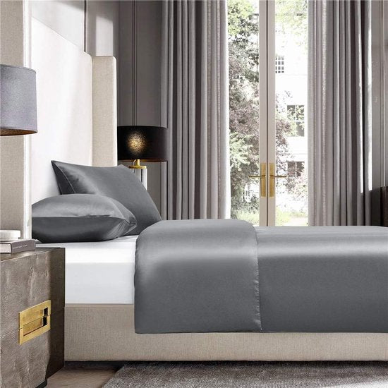 Luxe satijnen dekbedovertrek, 200 x 220 cm, 3-delig - glad, glanzend, zijdeachtig, aangenaam glanzend satijn, polyester, beddengoedset met kussensloop 80 x 80 cm - Grijs
