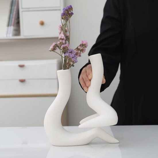 Ceramic Vase, Set of 2, White, Matte White Vase for Pampas Grass, Boho Vase Decoration for Living Room, Kitchen, Wedding or as a Gift, Minimalist Gift, A