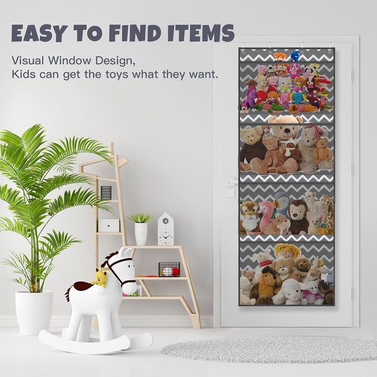Opslag voor knuffeldieren, boven de deur-organizer voor knuffeldieren, babyaccessoires en vochtige doekjes, ademende hangorganizer met 4 grote vakken voor kinderkamer, slaapkamer, grijs