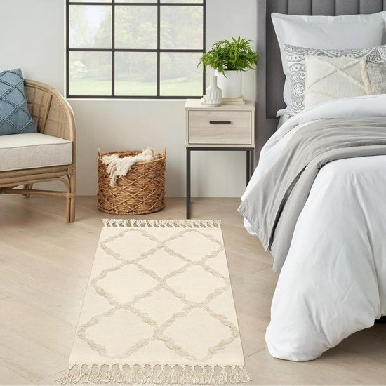 Klein tapijt 60 x 90 cm, boho beige getuft katoenen tapijt met geweven kwastjes, wasbaar tapijt voor badkamer, keuken, woonkamer, slaapkamer, hal, eetkamer